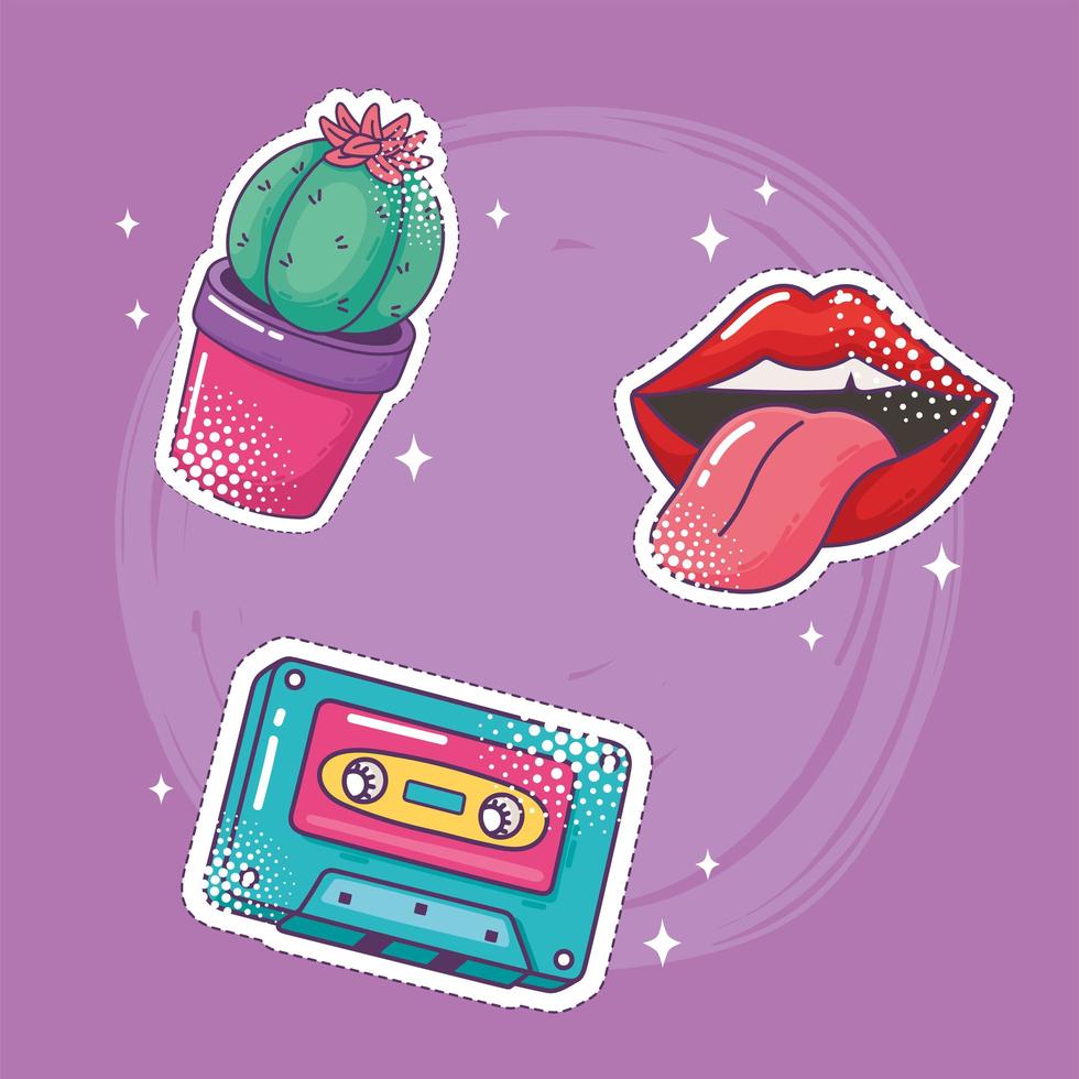 pop art element sticker icon set, cactus, lips, cassette, vector