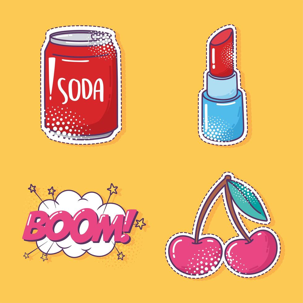 pop art element sticker icon set, soda, cherry, lipstick and boom vector