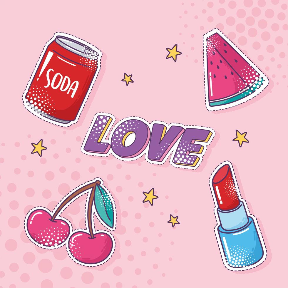 conjunto de iconos de etiqueta de elemento de arte pop, refresco, sandía, cereza, lápiz labial vector