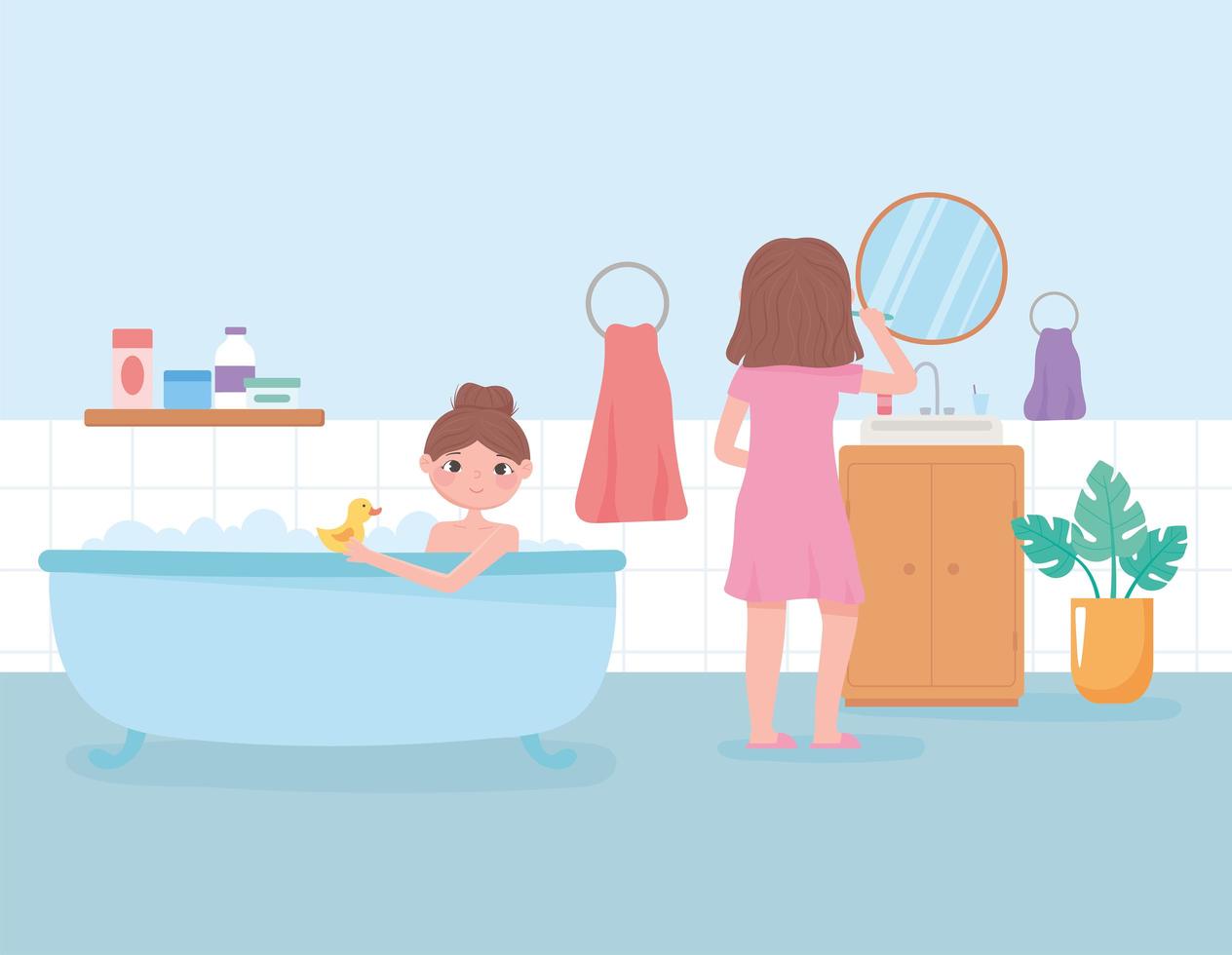 daily routine scene, girl brushing her teeth and woman in bathtub vector