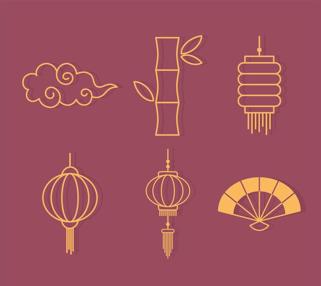 Establecer iconos linterna ventilador bammboo y nube rizada decoración de elementos orientales diseño de línea vector
