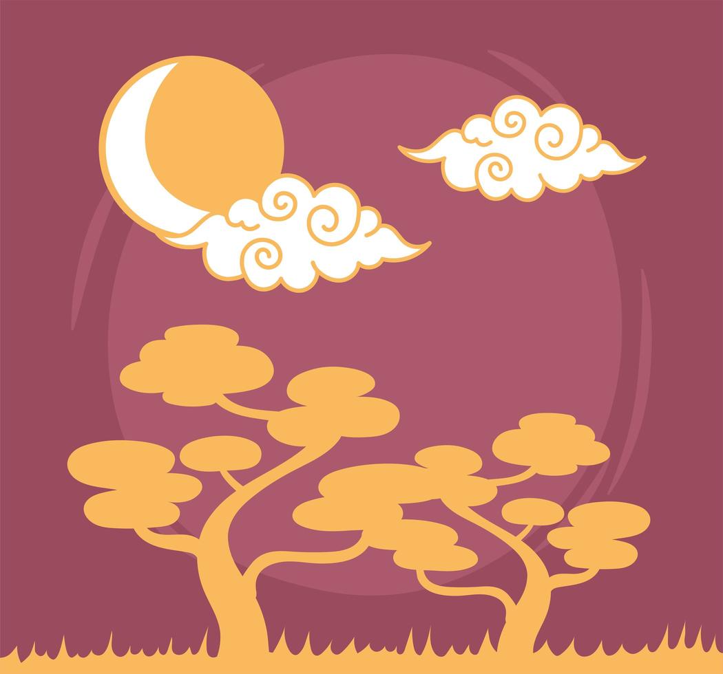 bonsai árboles rizado nubes sol cielo oriental elemento decoración línea diseño vector