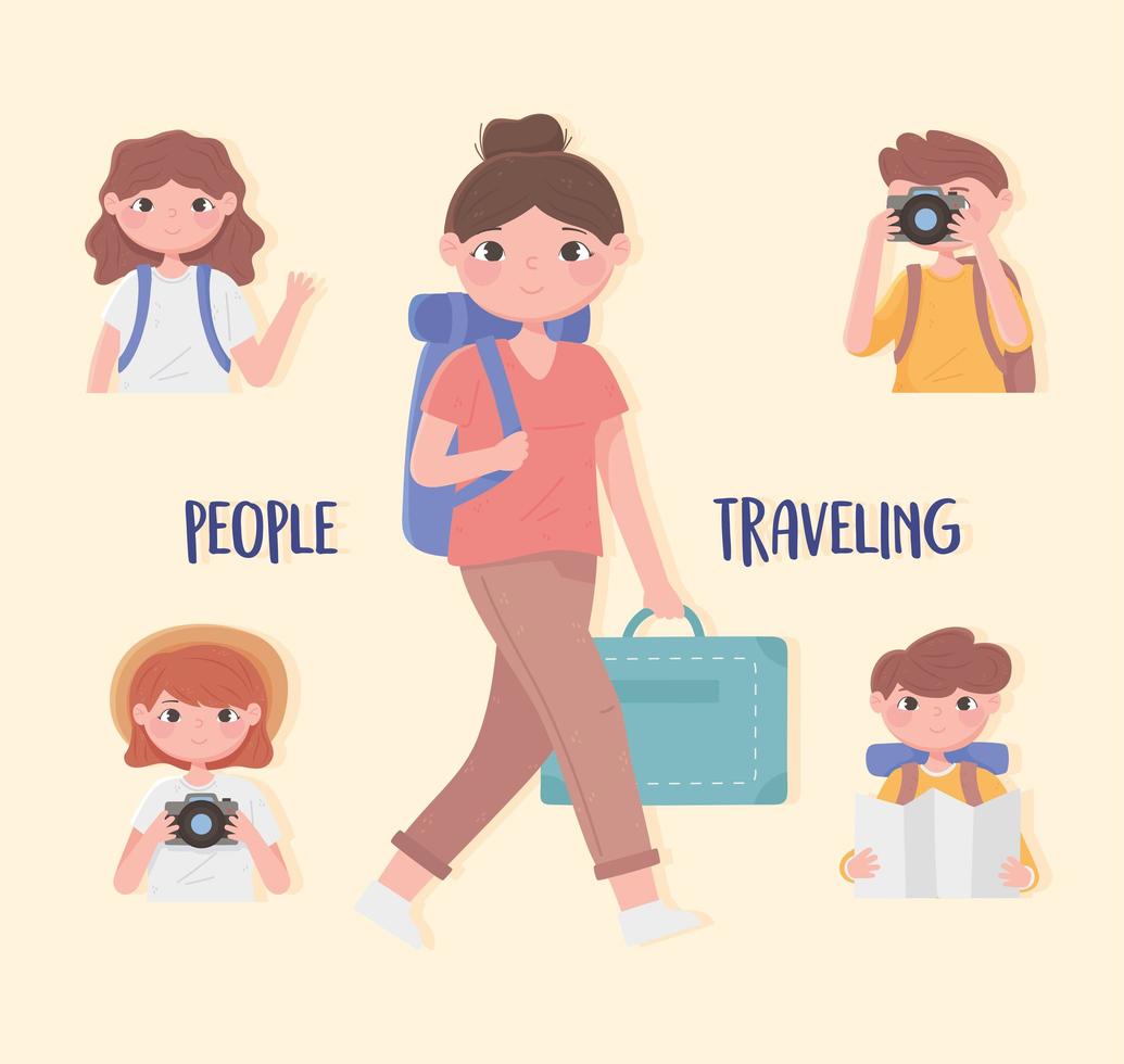 gente viajando, gente turista con mochila con cámara y maleta. vector