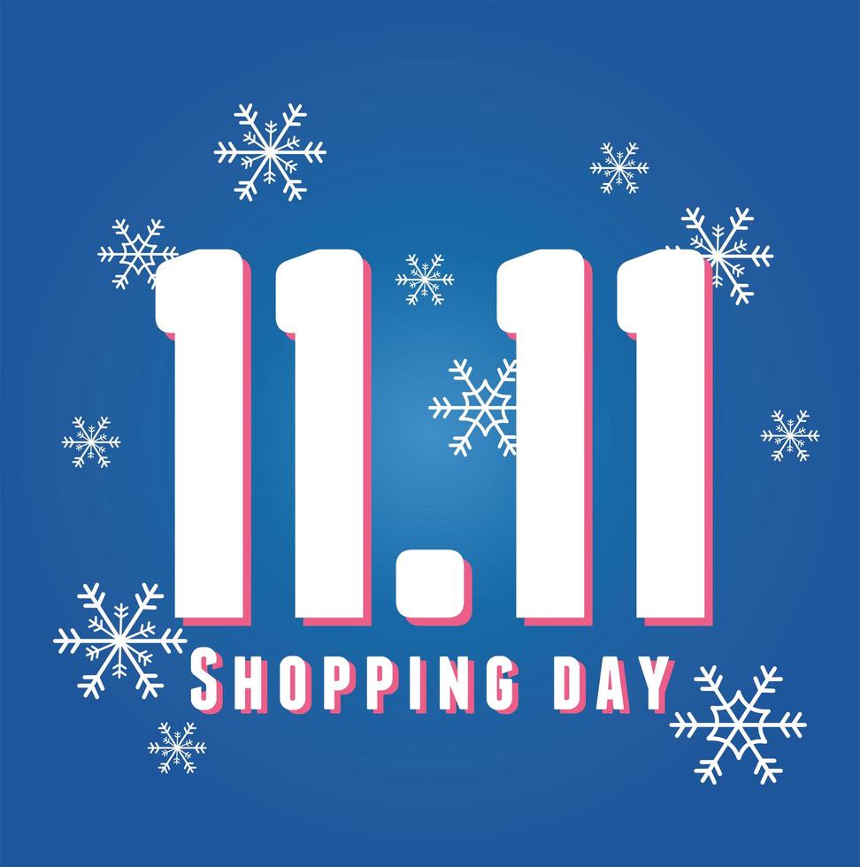 11 11 shopping day, lettering and numbers over snowflakes blue background vector