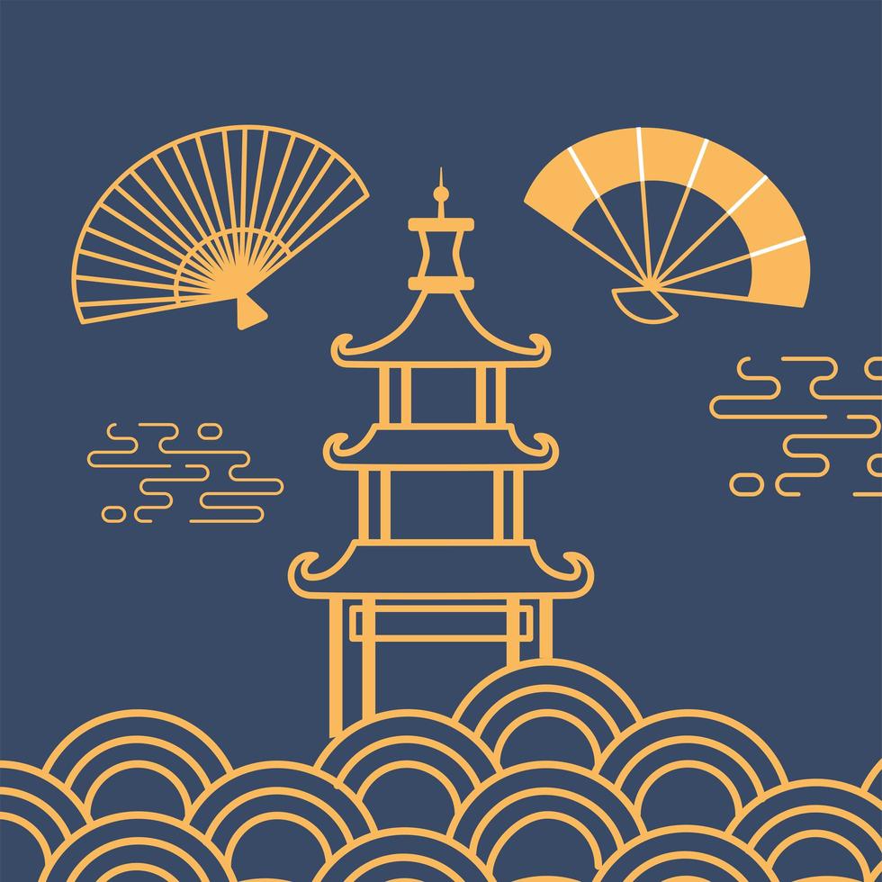 pagoda building fans oriental element decoration line design vector