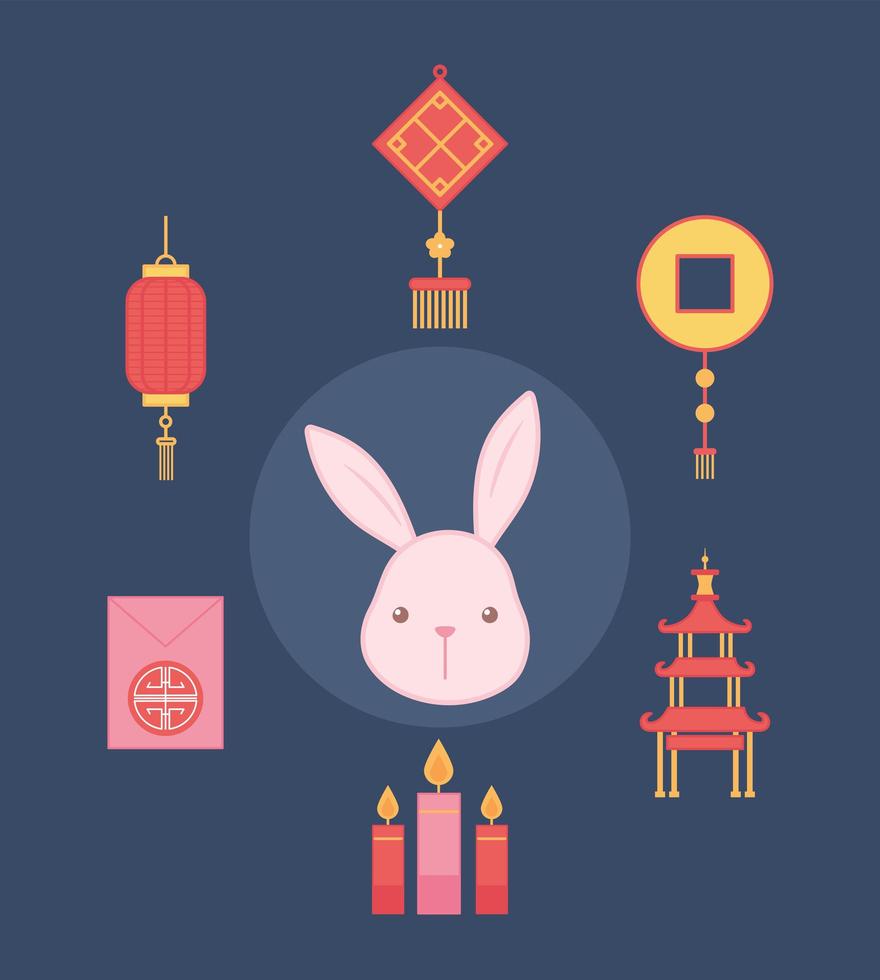 Decoración de elementos orientales cara de conejito linternas velas y pagoda iconos de diseño de color vector