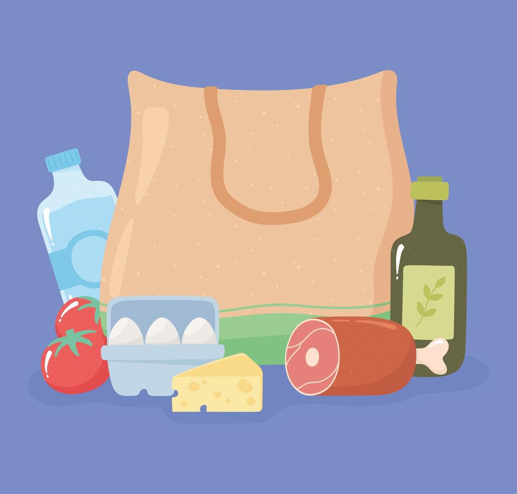 Bolsa de compras textil con pierna de jamón, aceite de oliva, huevos, queso, compras de comestibles. vector