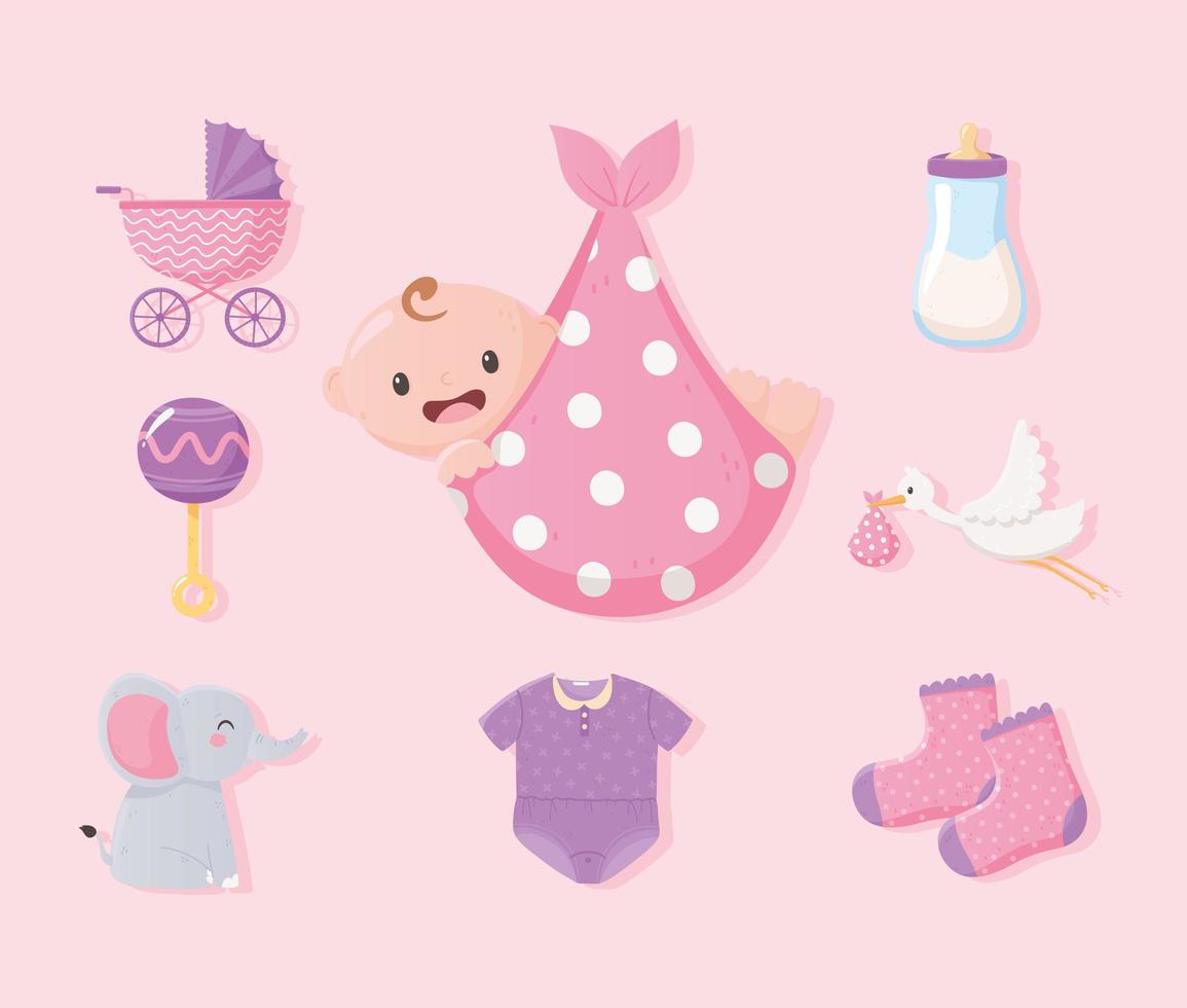 baby shower, bebé en manta, ropa botella leche elefante y sonajero iconos vector