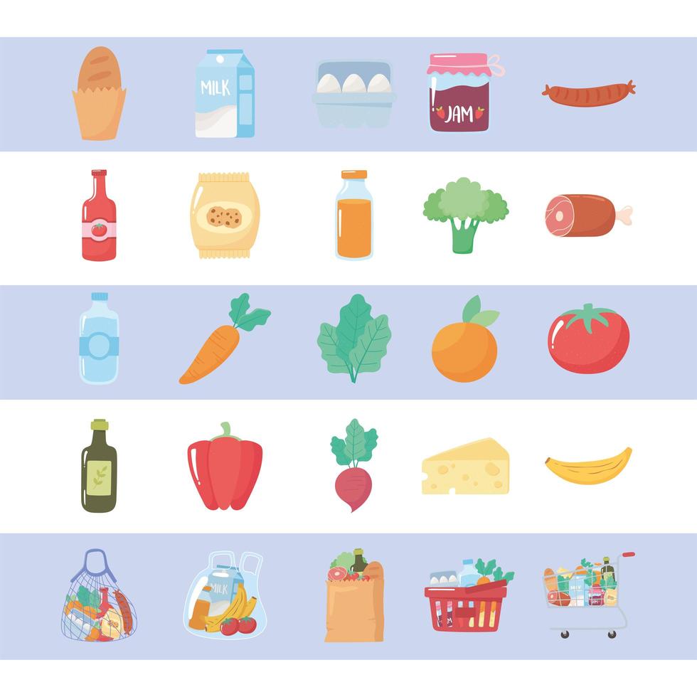 grocery purchases, food organic fruits and vegetable and products from market vector