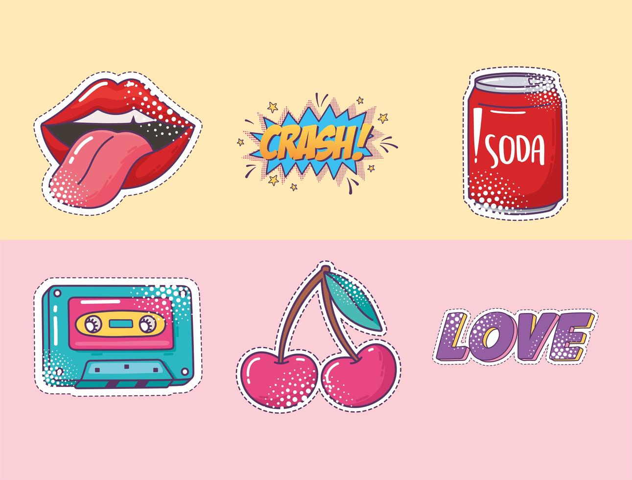 conjunto de iconos de pegatina de elemento de arte pop, labios, refresco, cassette, cereza y amor vector