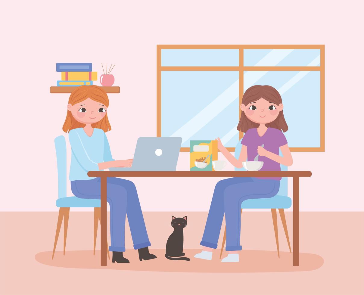 Escena de rutina diaria, mujeres con laptop y comiendo cereal en la mesa. vector