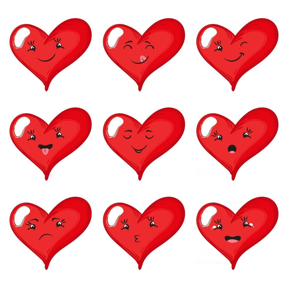 Set of funny cartoon hearts with different emotions. Vector hand-drawn illustration isolated on white background.