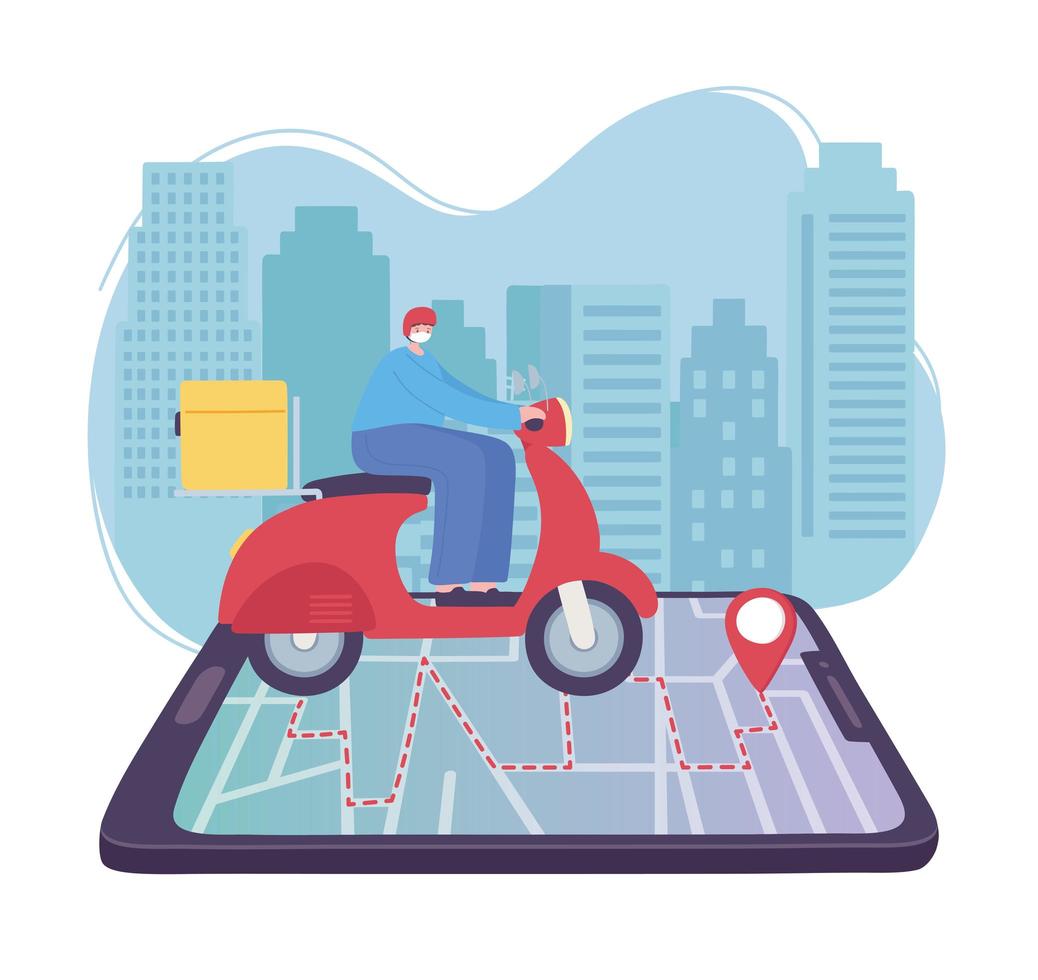 servicio de entrega en línea, hombre en scooter en el mapa del teléfono inteligente hasta el puntero, transporte rápido y gratuito, envío de pedidos, sitio web de la aplicación vector