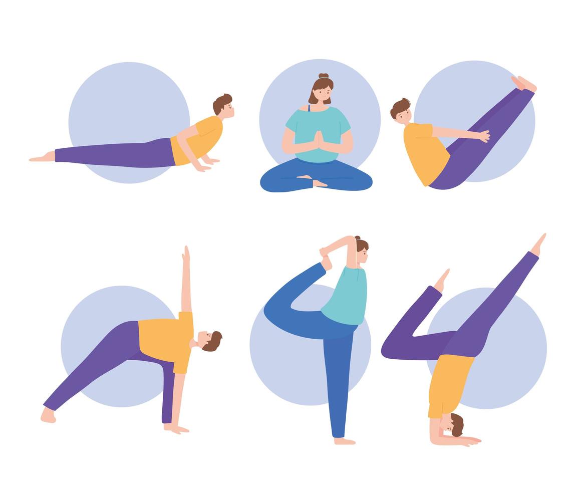 people practicing yoga different pose exercises, healthy lifestyle, physical and spiritual practice set vector