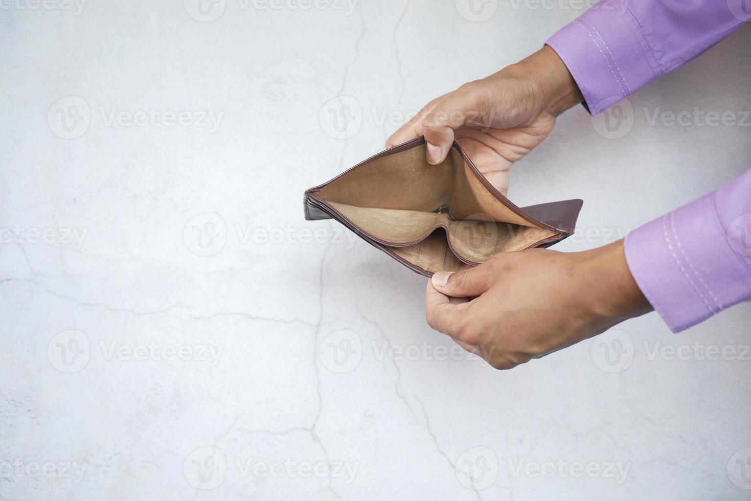 Man hand open an empty wallet with copy space. photo