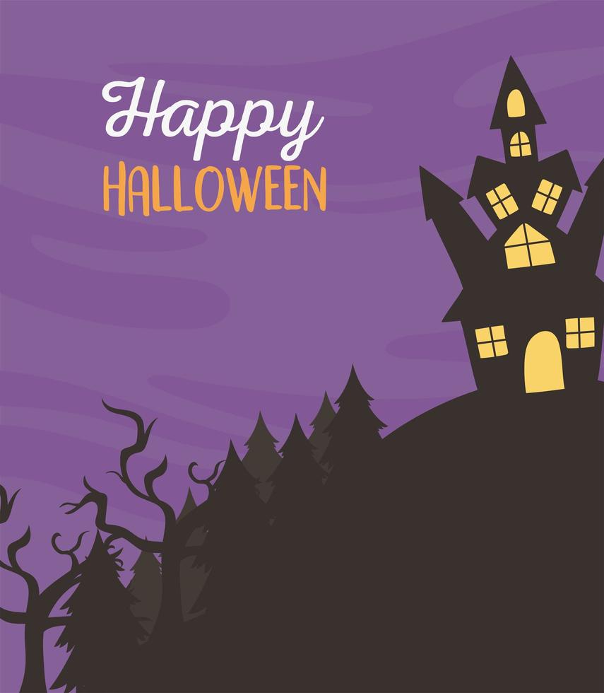 happy halloween, castle in hill night trick or treat party celebration vector