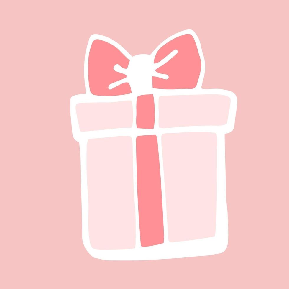 Caja de regalo rosa con lazo grande, pegatina para el día de San Valentín y boda, regalo de Navidad y cumpleaños, dibujo a mano, pegatina vectorial en estilo doodle. vector