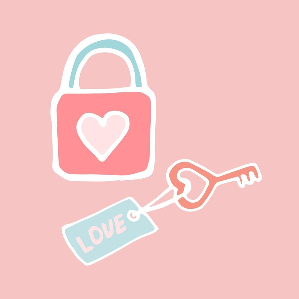 llave y candado del corazón, llave con la etiqueta amor, símbolo del amor - llave y candado del corazón, día de san valentín, dibujo a mano, pegatina de vector en estilo doodle.