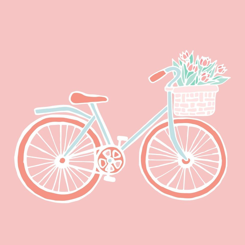 bicicleta en colores pastel con canasta de frente y tulipanes, tulipanes en canasta, flores en bicicleta, con ticker para enamorados, dibujo a mano, estilo doodle. vector