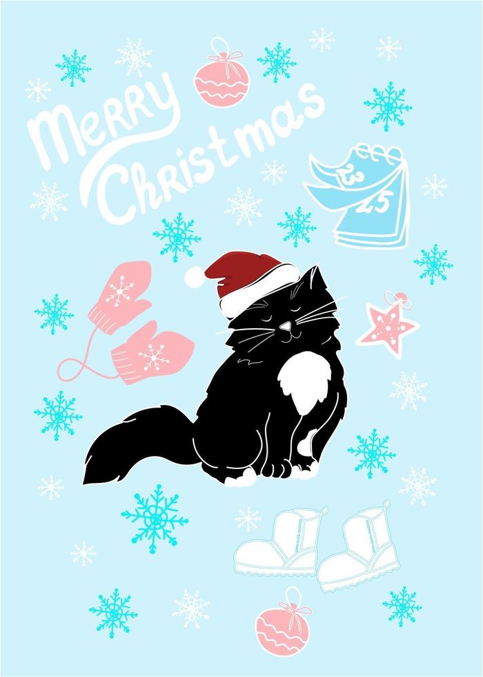 Cute cat in Santa hat, cat with cake, holiday pattern for packaging wrappers, fabric, black fluffy cat with white collar vector