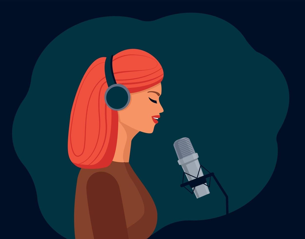 A beautiful girl with headphones sings into the microphone and records a podcast, blog, or song. vector