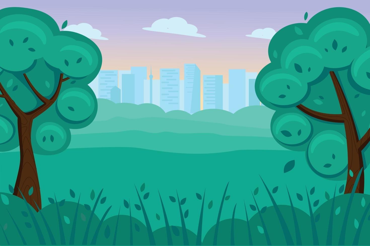 Scene of a lawn in a Park with trees on the sides and the silhouette of a city in the distance. vector