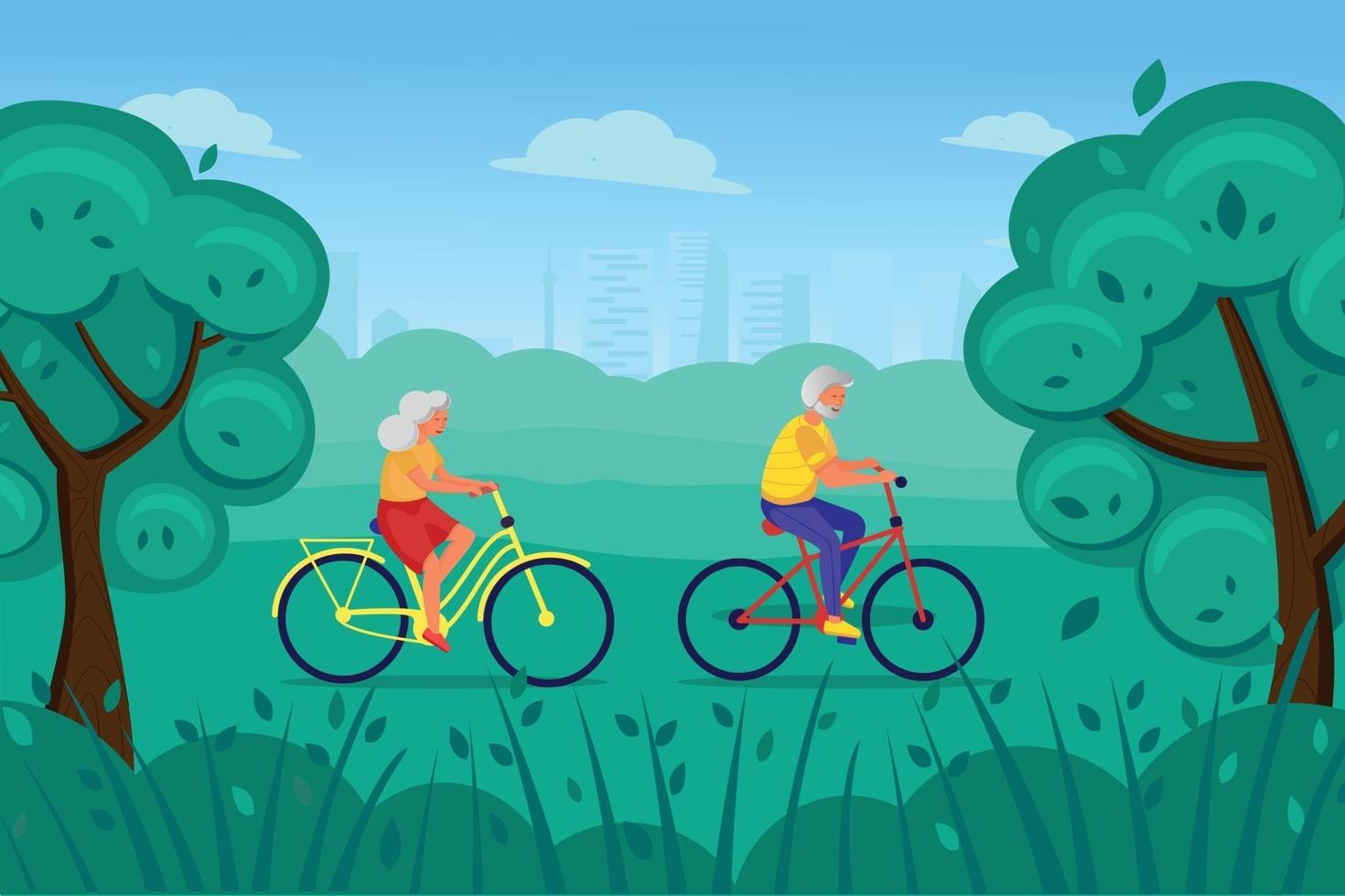 An elderly man and woman ride bicycles in the Park vector