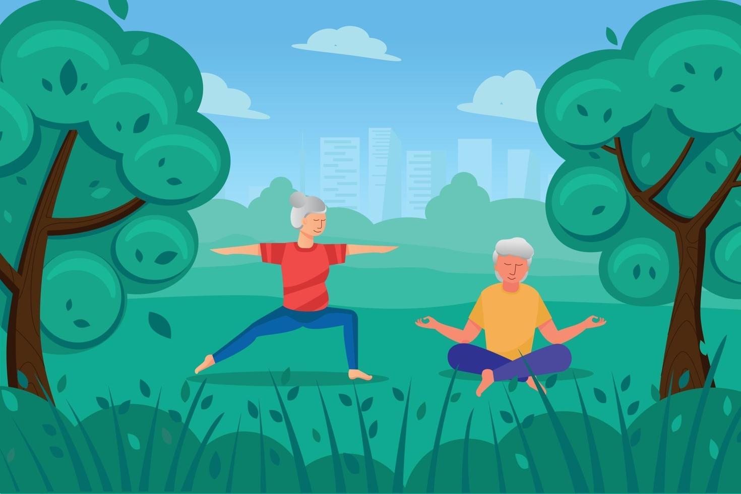 Elderly people do exercises in the Park, a woman does yoga, a man sits in the Lotus position and meditates. vector