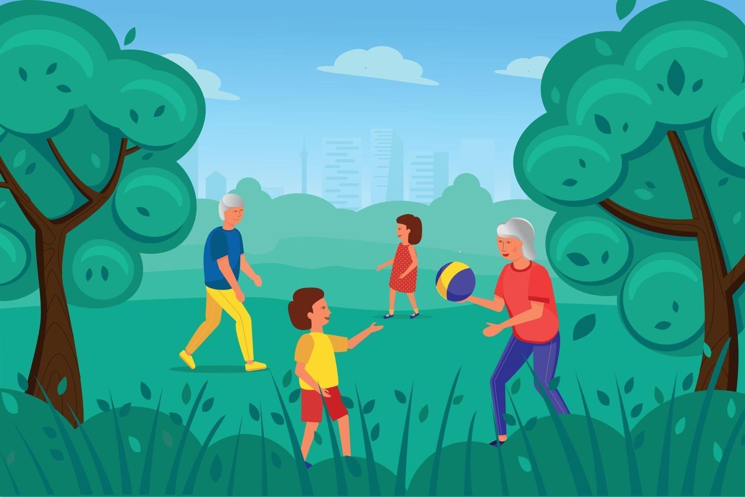 An elderly man and woman play with children in the Park. vector