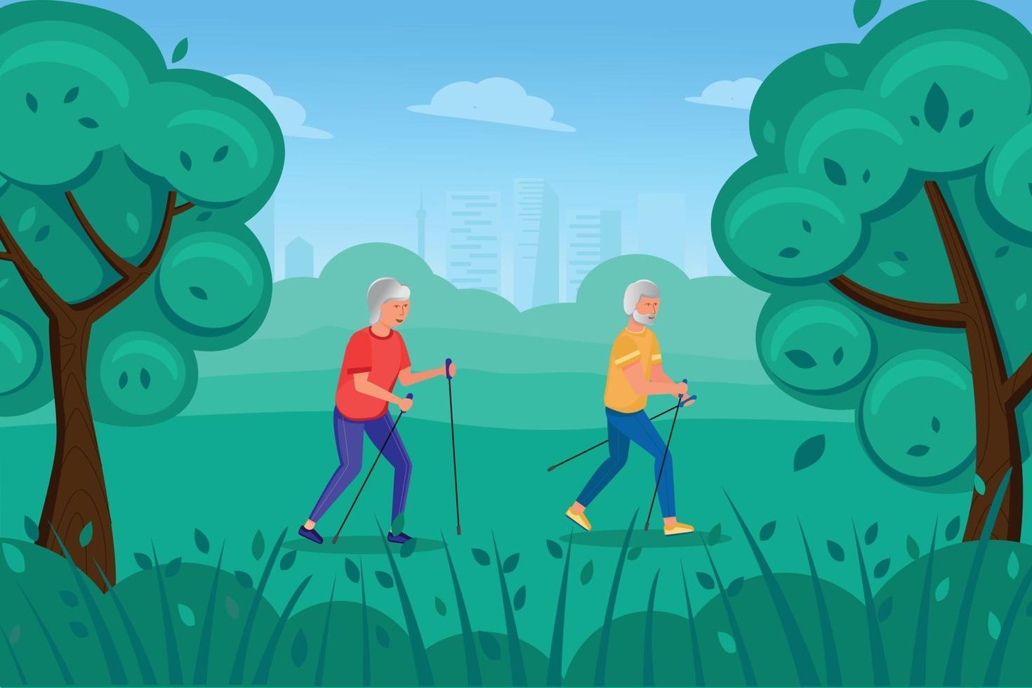 An elderly man and woman are engaged in Hiking in the Park. vector