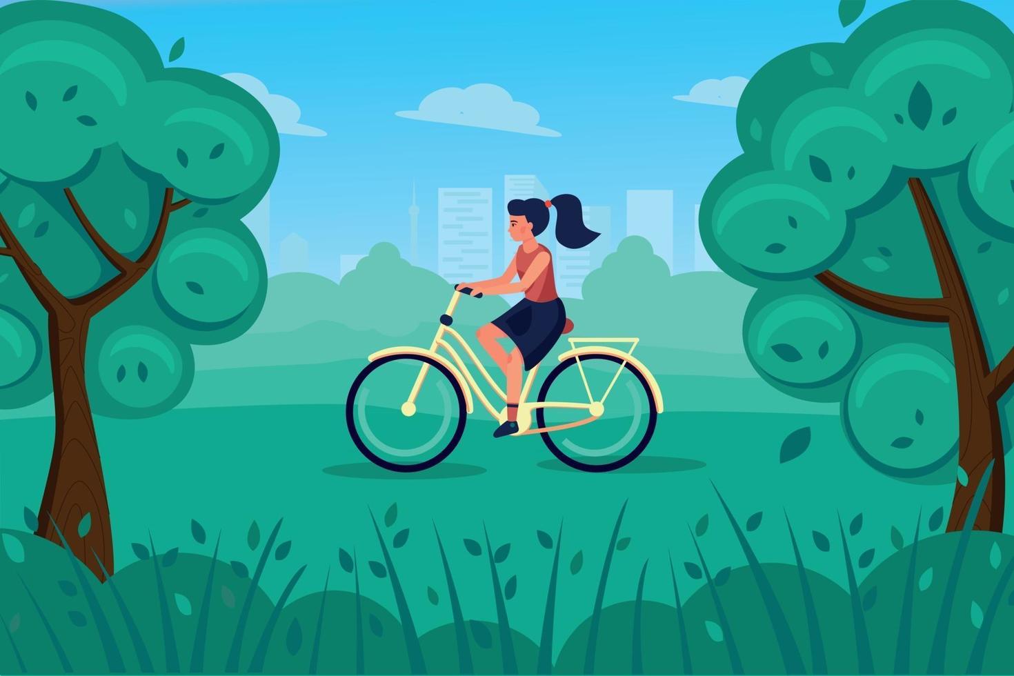 Girl on a retro bike rides through the Park. vector