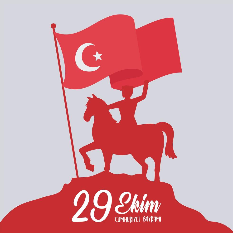 29 ekim cumhuriyet bayrami kutlu olsun, día de la república de turquía, silueta roja soldado montando a caballo con bandera vector
