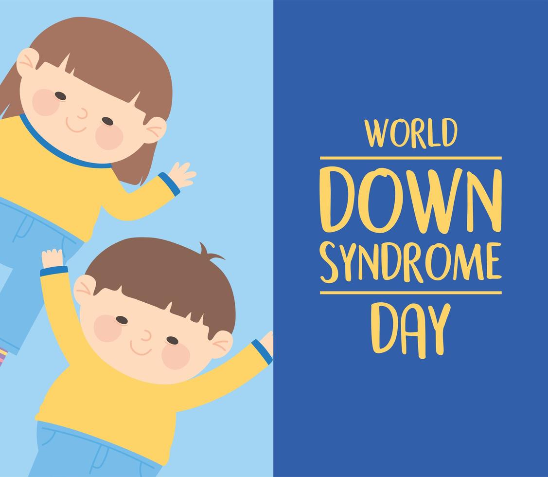 tarjeta de personajes de niña y niño feliz del día mundial del síndrome de down vector
