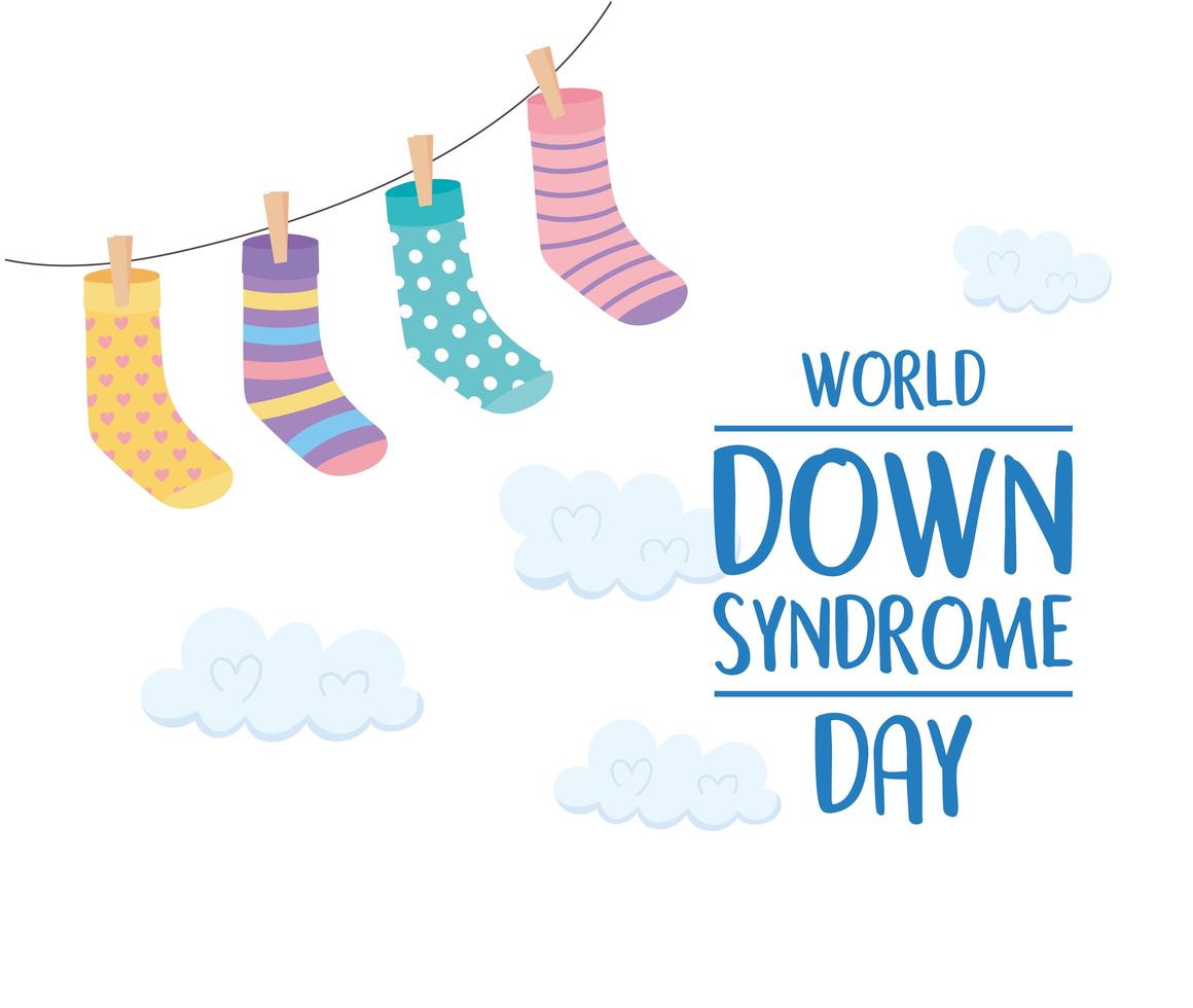 día mundial del síndrome de down, calcetines colgantes decoración nubes fondo tarjeta vector