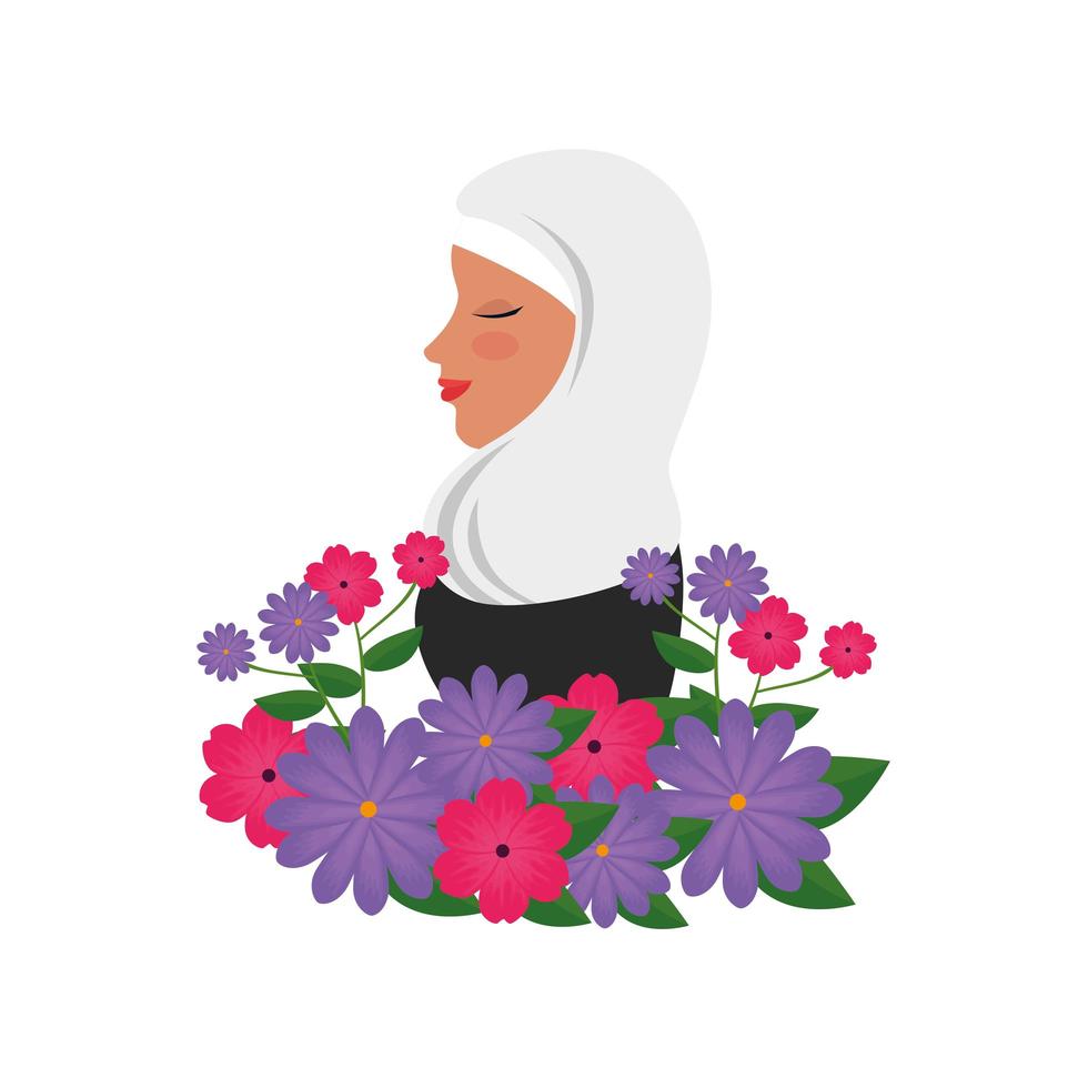 Perfil de mujer islámica con burka tradicional y flores de jardín vector