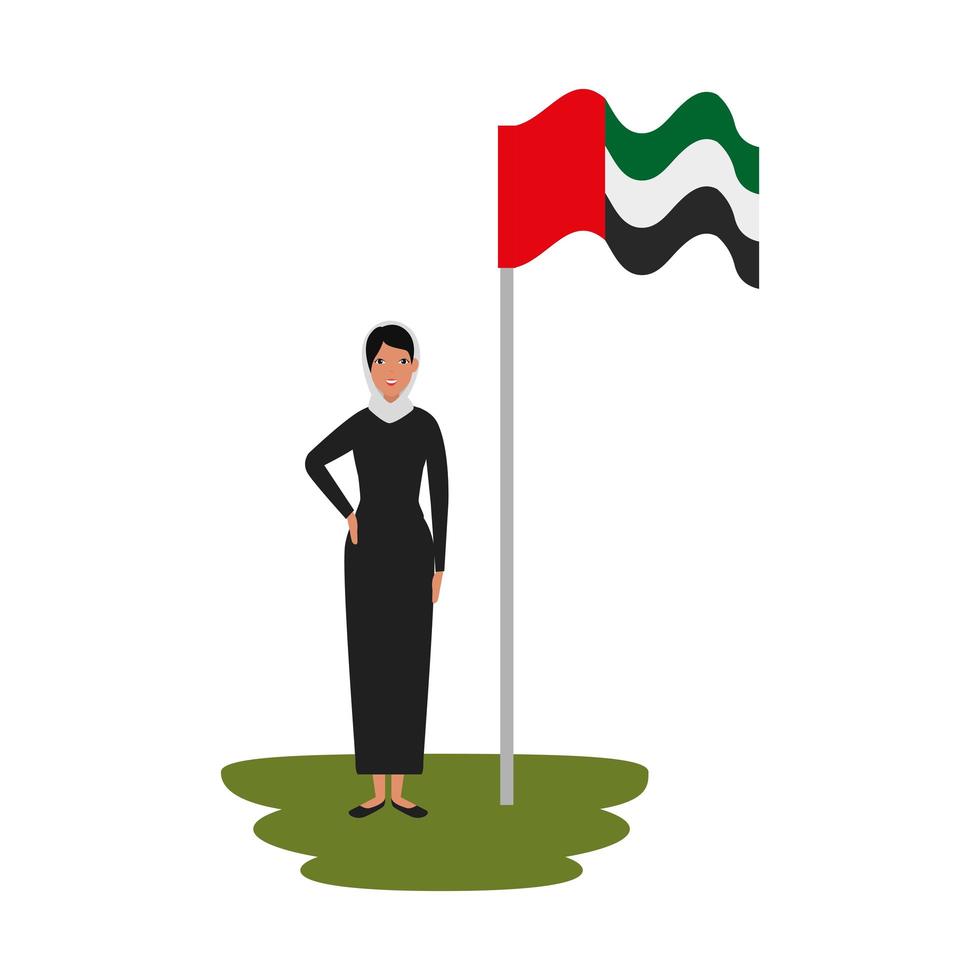Mujer islámica con burka tradicional y bandera de Arabia en la pole vector