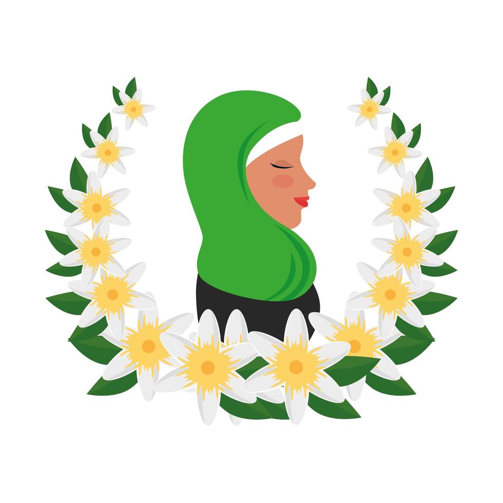 Perfil de mujer islámica con burka tradicional en ofrenda floral vector