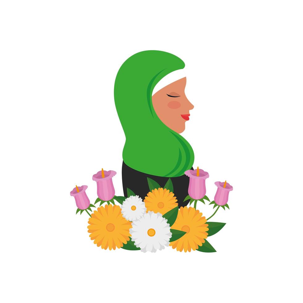 Perfil de mujer islámica con burka tradicional y flores de jardín vector