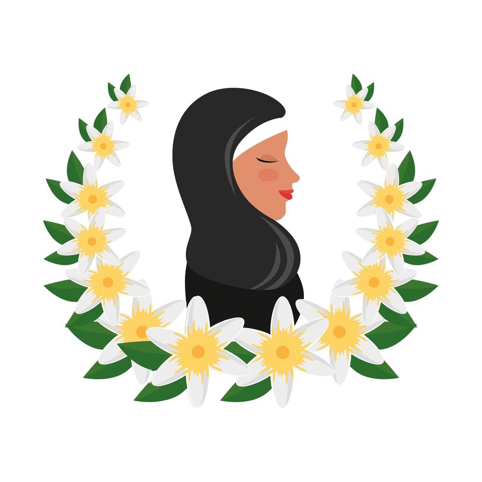 Perfil de mujer islámica con burka tradicional en ofrenda floral vector