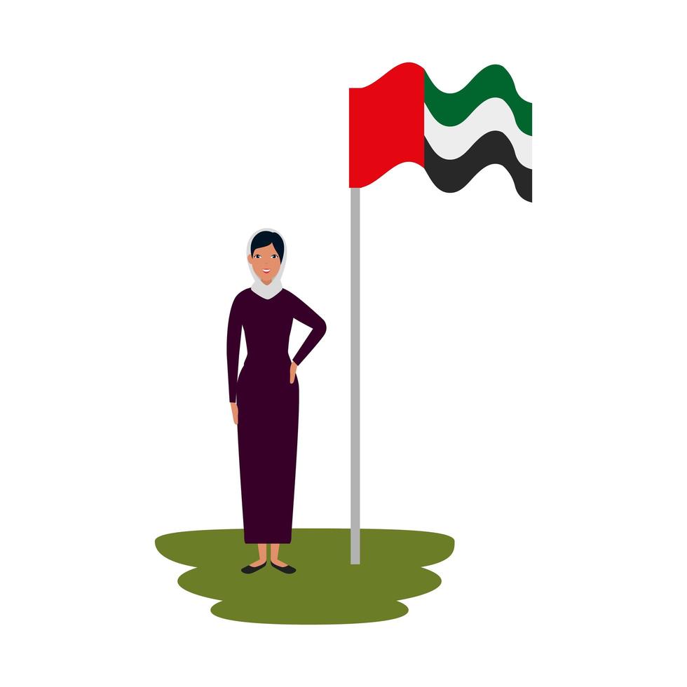 Mujer islámica con burka tradicional y bandera de Arabia en la pole vector