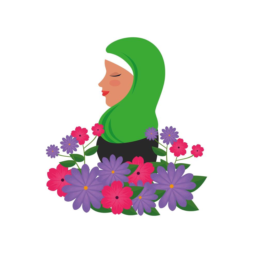 Perfil de mujer islámica con burka tradicional y flores de jardín vector