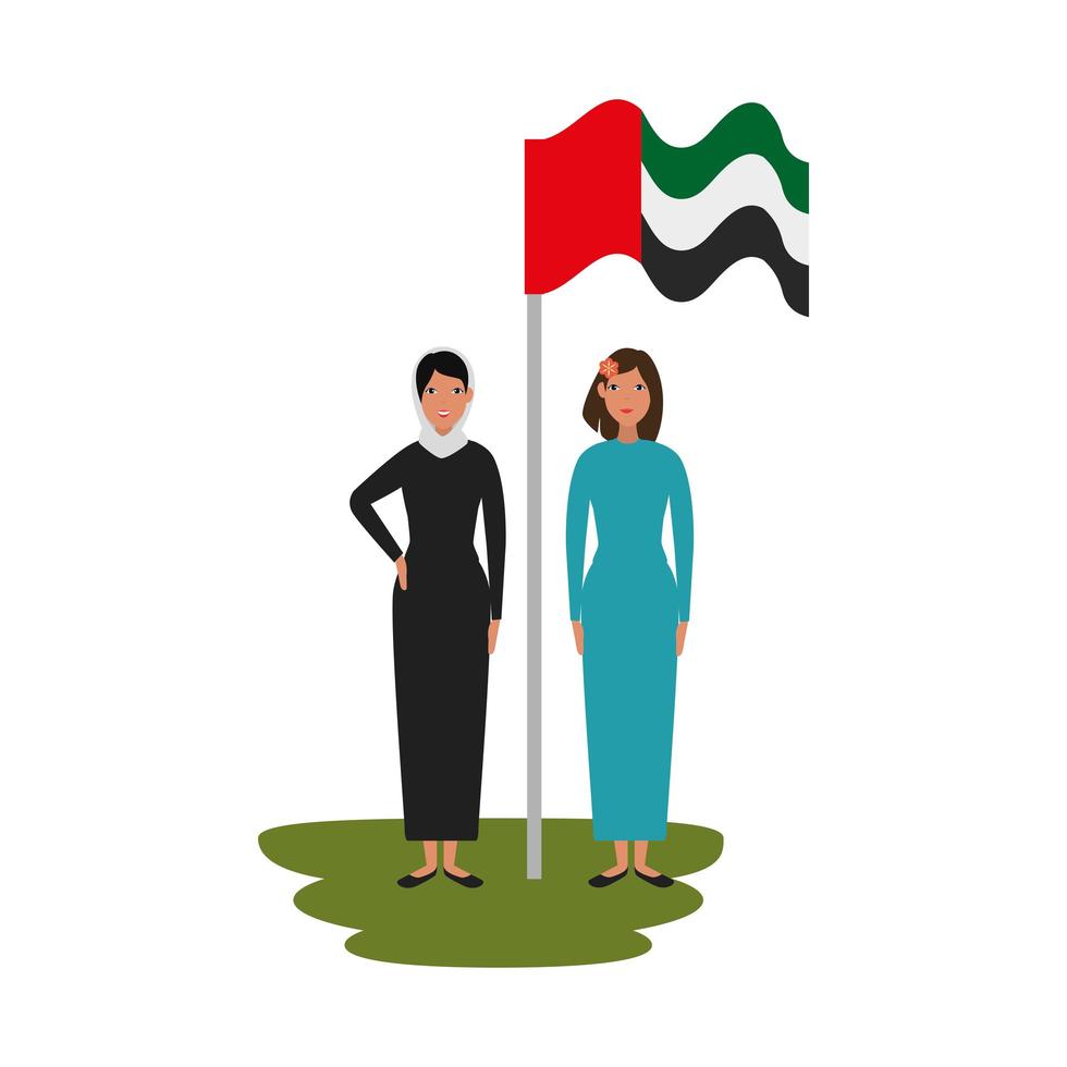islamic women with traditional burka and arabia flag in pole vector