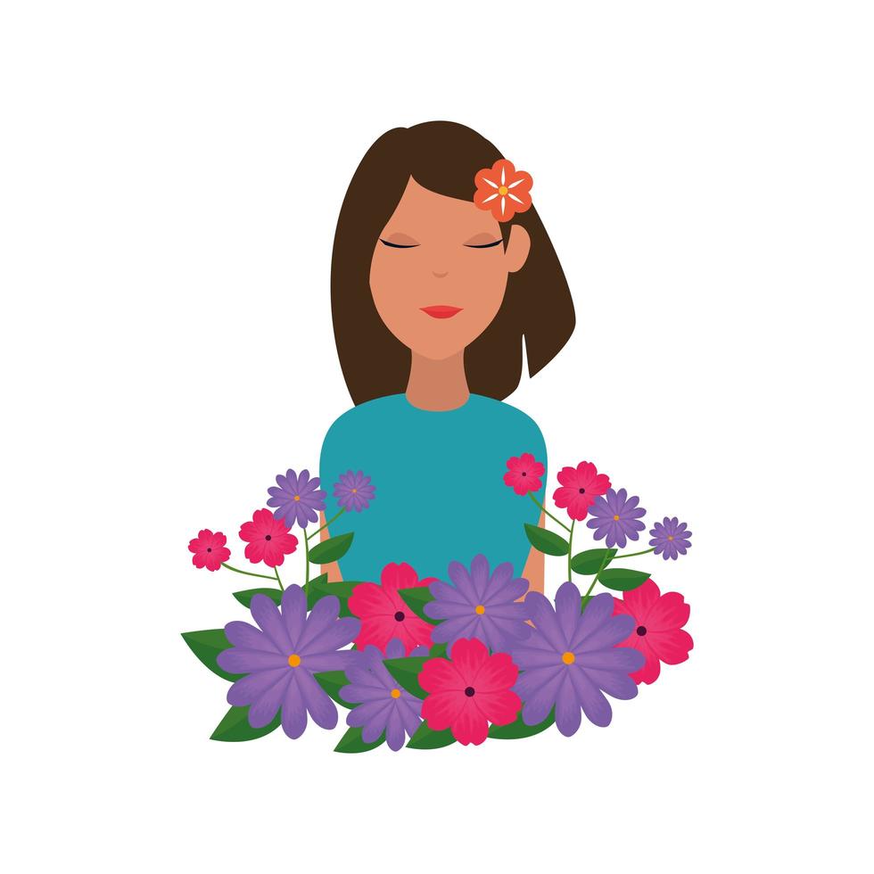 Bella mujer con flor en el pelo y jardín floral vector