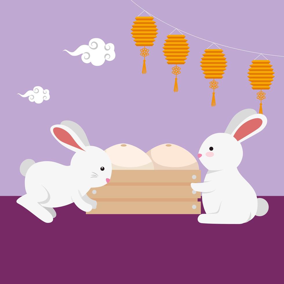 cute and little rabbits with melons in wooden box vector