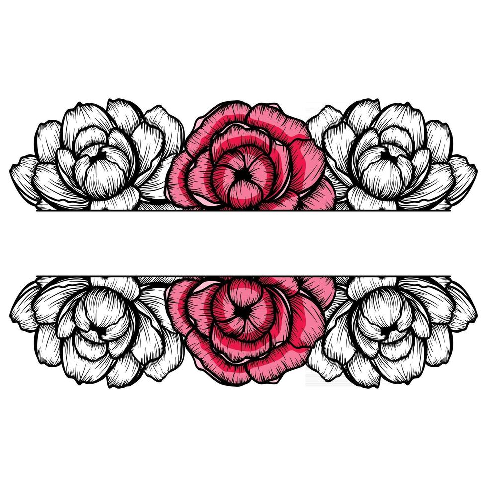 Pink peony outline bouquet with line sticker - copy space isolated on white background vector