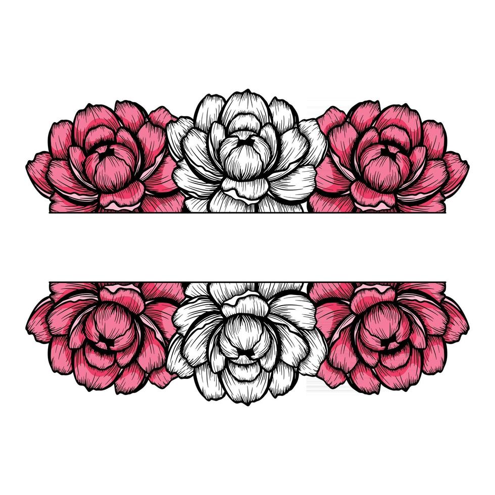Pink peony outline bouquet with line sticker - copy space isolated on white background vector