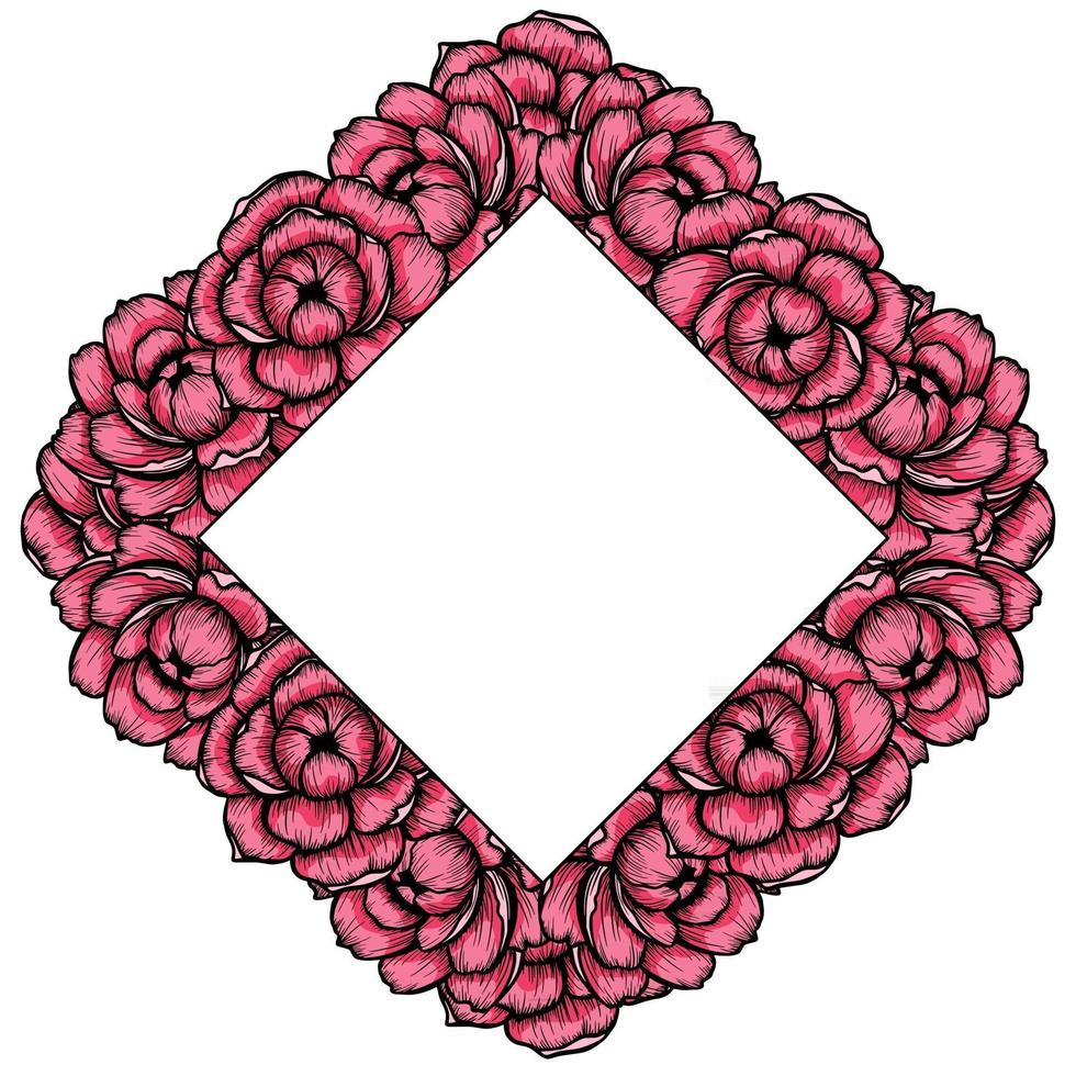 Floral Peony Frame isolated on the white background. Cute flat floral wreath perfect for wedding invitations and birthday cards vector