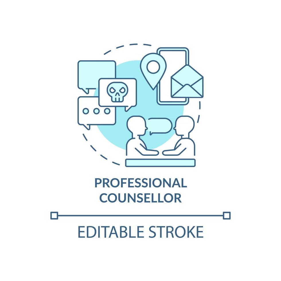 Professional counsellor concept icon. Report cyberbullying idea thin line illustration. Conflict resolution. Combating cyberharassment. Vector isolated outline RGB color drawing. Editable stroke