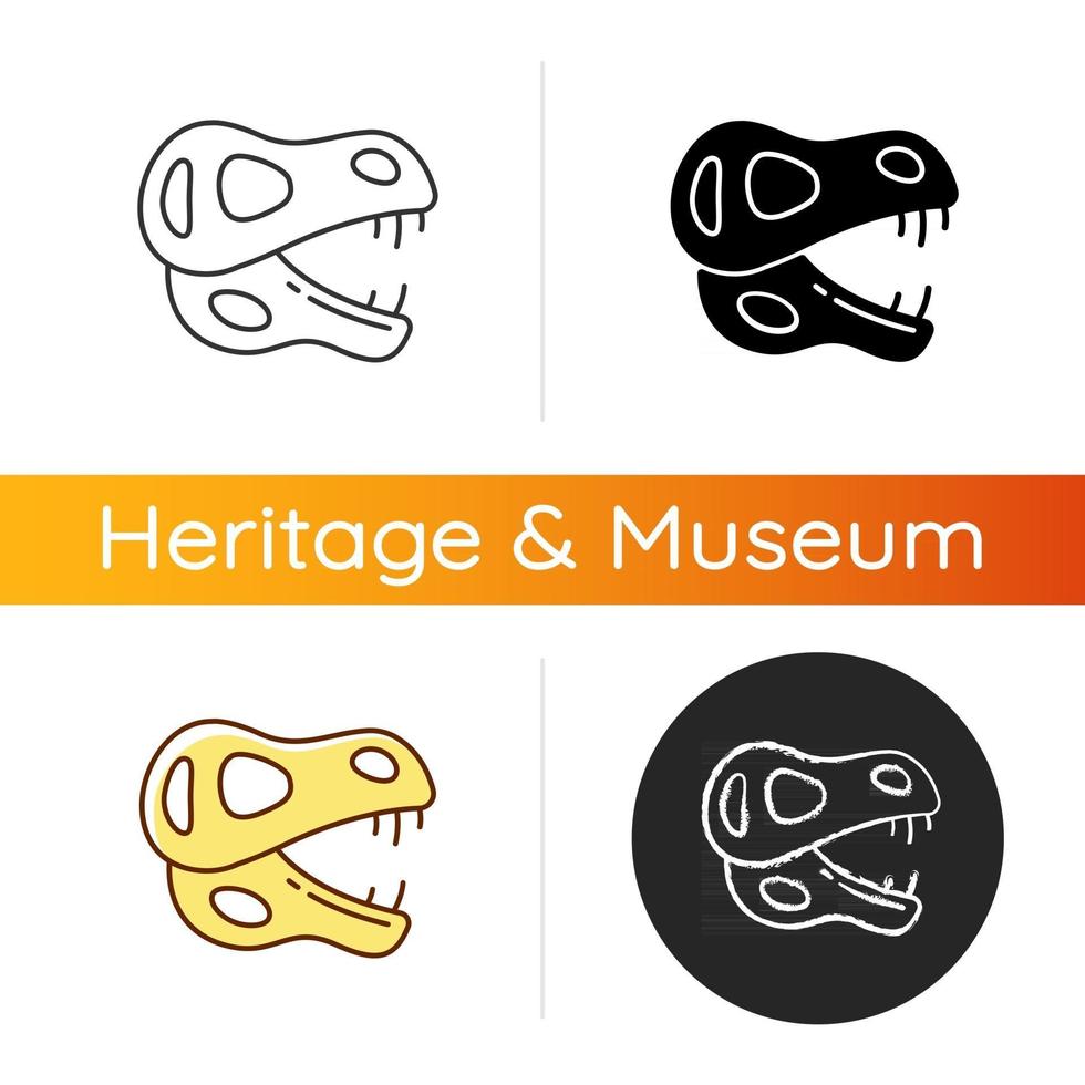 Dinosaur skeleton icon. Prehistoric life evidence. Body fossils. Real specimens for museum exhibition. Prehistoric animal. Linear black and RGB color styles. Isolated vector illustrations
