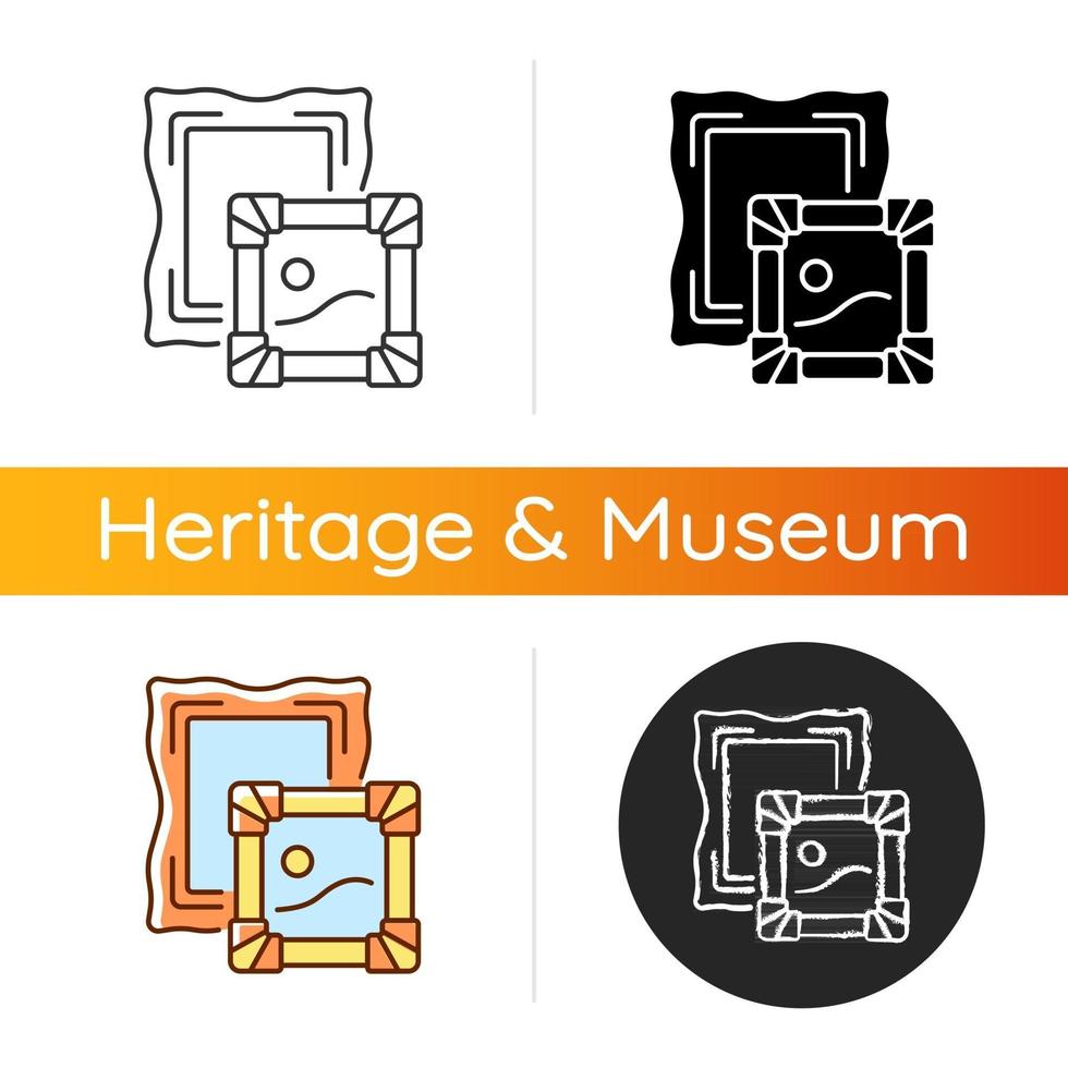 Paintings icon. Portraiture, landscape. Museum collections. Scenes from daily life depiction. Artistic style. Drawings. Linear black and RGB color styles. Isolated vector illustrations